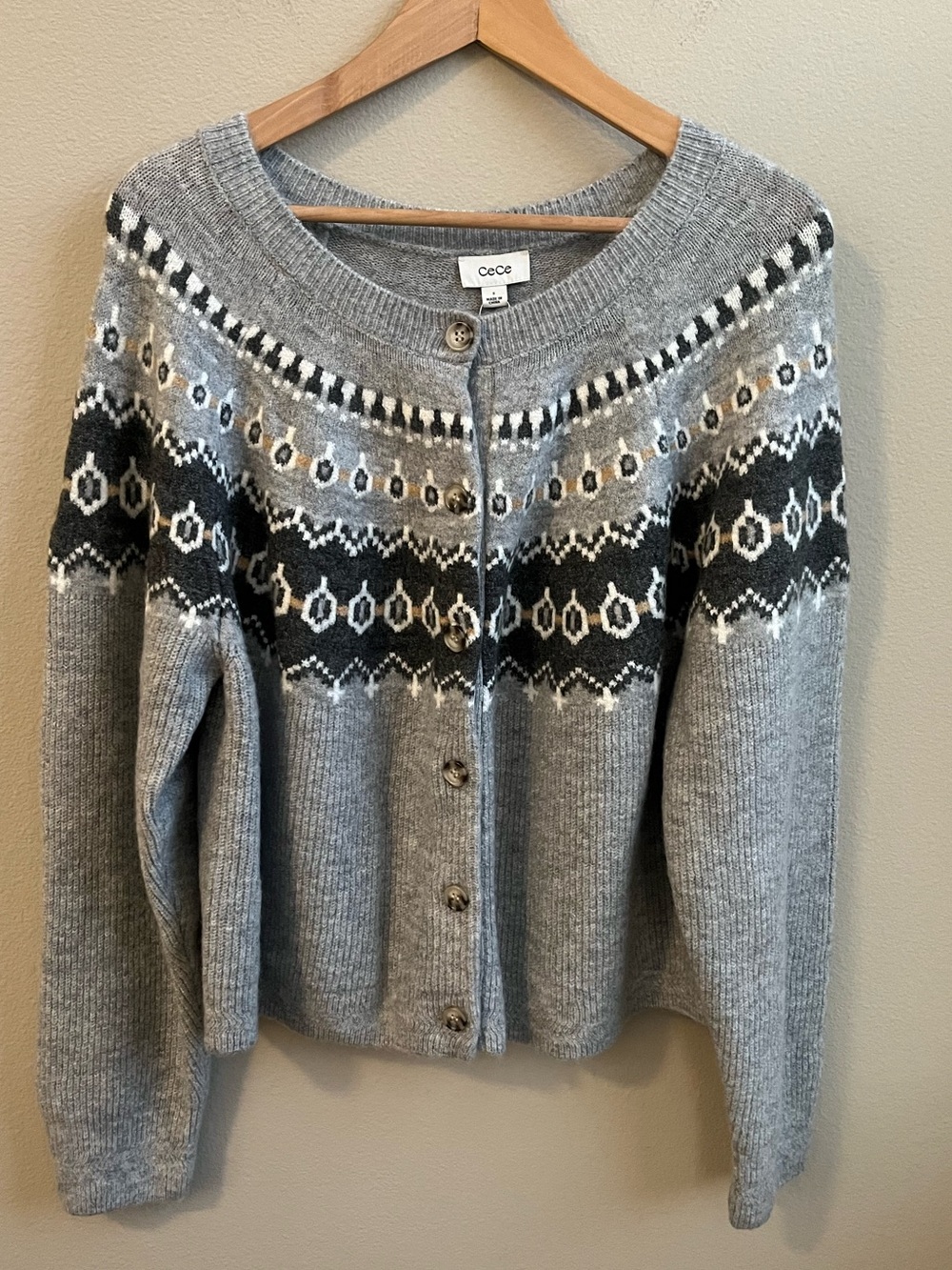 CeCe Light Gray Fair Isle Cardigan with Black, Cream & Carmel Accents NWT